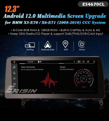 Erisin ES4670CL Android 12.0 Car Multimedia Player Screen Upgrade GPS For BMW X5 E70 BMW X6 E71 CCC Carplay Auto SWC Wifi IPS DSP