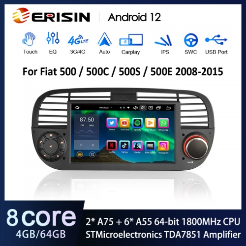 Erisin ES8550FB 7" IPS Android 12.0 Car Multimedia Wireless CarPlay Android Auto Radio For Fiat 500/500C/500S 500E GPS DSP 4G SIM Card