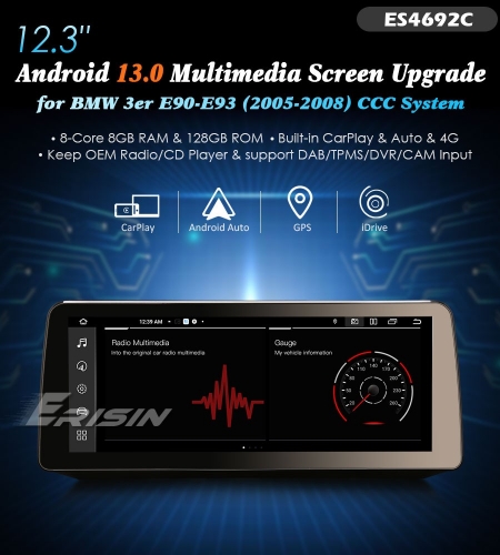 Erisin ES4692C 12.3" 128G Android 12 Car Stereo For BMW E90 E91 E92 E93 CCC Screen Upgrade GPS CarPlay Auto Radio DSP IPS Multimedia