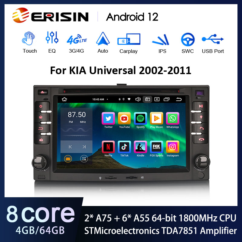 Erisin ES8532K Android 12.0 Car Multimedia Player For KIA SORENTO RONDO SPORTAGE X-TREK Stereo GPS CarPlay Auto Radio WiFi 4G DSP