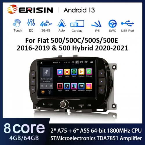 Erisin 8-Core Android 14 4GB+64GB Autoradio per Fiat 500/500C/500S/500E 2016-2019 500 Hybrid 7 Supporto IPS GPS Navigatore Senza fili CarPlay Android Auto WiFi 4G DAB+ Bluetooth 5.0 DSP Canbus TPMS