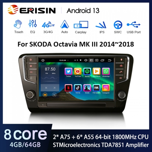 Erisin ES8527S 9" Android 13.0 Car Multimedia System For Skoda Octavia MK III Stereo GPS Carplay AUTO Radio 4G DSP IPS Screen