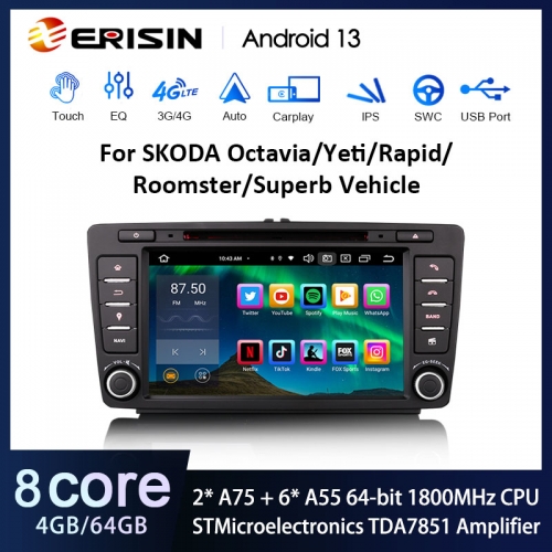 Erisin ES8526S 8" Skoda Octavia Rapid Roomster Superb Yeti Android 13.0 Car Stereo DSP CarPlay & Auto GPS TPMS DAB+ 4G Multimedia DVD System