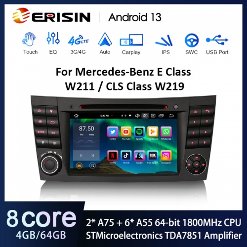 Erisin ES8580E 7" IPS Android 13.0 Car DVD Player DSP CarPlay & Auto GPS For Benz E-Class W211 CLS W219 Stereo Multimedia TPMS DAB+ 4G LTE BT5.1