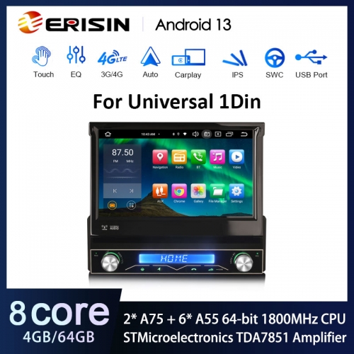 Erisin ES8568U 7" Android 13.0 Unversal 1 Din Car Stereo GPS System Wireless CarPlay Auto Radio DSP 4G LTE Slot IPS Bluetooth 5.0