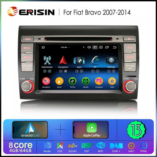 Erisin ES6771F 7" IPS Screen 8 Core Android 13.0 Car DVD Player GPS For Fiat Bravo 4G LTE DPS Wireless CarPlay Auto Radio