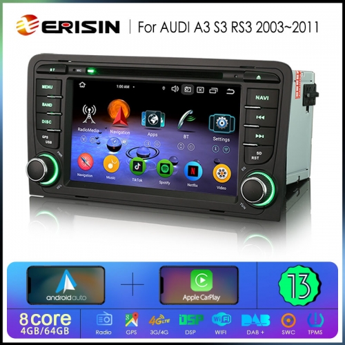 Erisin ES6773A IPS Android 13.0 Autoradio GPS Wireless CarPlay Auto Car DVD For AUDI A3 S3 RS3 RNSE PU Stereo BT5.0 SWC DTV DSP