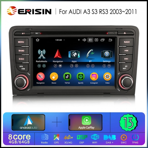 Erisin ES6773A IPS Android 13.0 Autoradio GPS Wireless CarPlay Auto Car DVD For AUDI A3 S3 RS3 RNSE-PU Stereo BT5.0 SWC DTV DSP