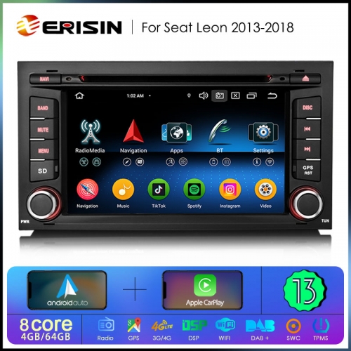 Erisin ES6732S 1Din Android 13.0 Car DVD GPS For Seat Leon Stereo DSP CarPlay & Auto Radio TPMS DAB+ 4G LTE Bluetooth 5.0