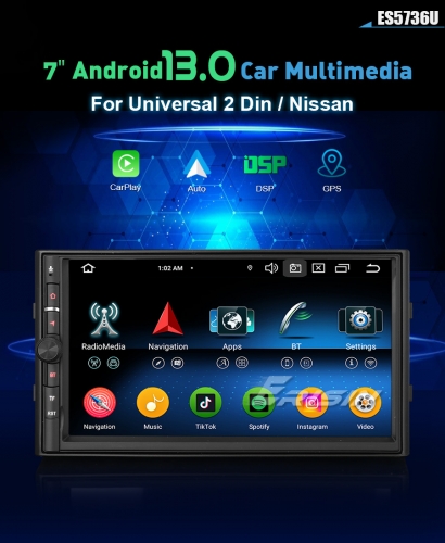 Erisin ES5736U Android 13.0 Universal 2 Din / Nissan Car Multimedia Stereo GPS Navigation CarPlay Auto Radio WiFi OPS DSP 4G LTE BT5.0