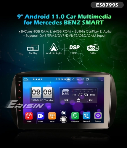 Erisin es8799s 9インチandroid 11.0自動マルチメディアシステムcarplay &amp; 自動gpsラジオdsp tpms dab for mercedes benz smart