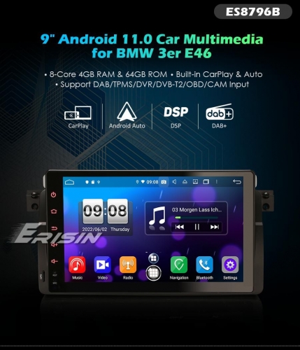 Erisin ES8796B 9" Android 11.0 Car Stereo for BMW E46 PX5 DSP 64G CarPlay & Auto GPS 4G DAB+ WiFi Sat Nav