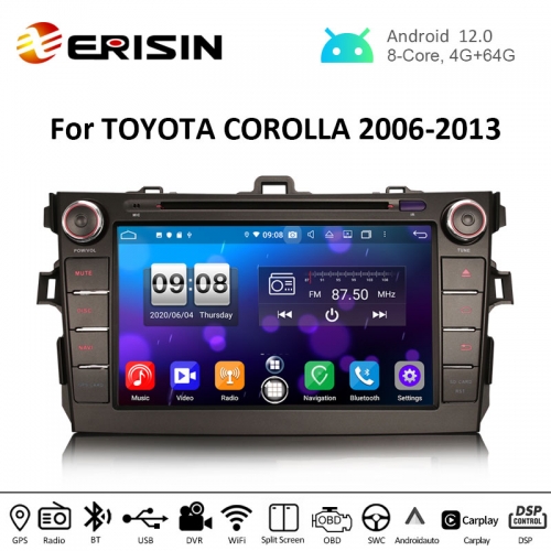 Erisin ES8728A 8" Android 12.0 Car Stereo For Toyota COROLLA E140 E150 Multimedia DVD GPS TPMS DVR DSP CarPlay Auto Radio