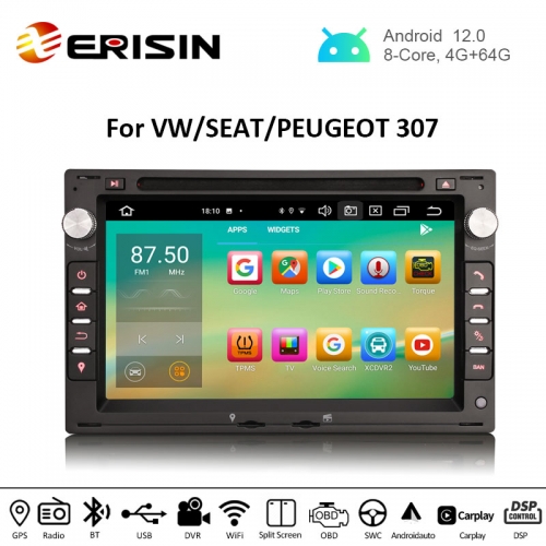 Erisin ES8186V 7" Android 12.0 Car Stereo for VW Golf Passat Polo Bora Seat Peugeot 307 DSP CarPlay & Auto GPS TPMS DAB+ 4G 64G