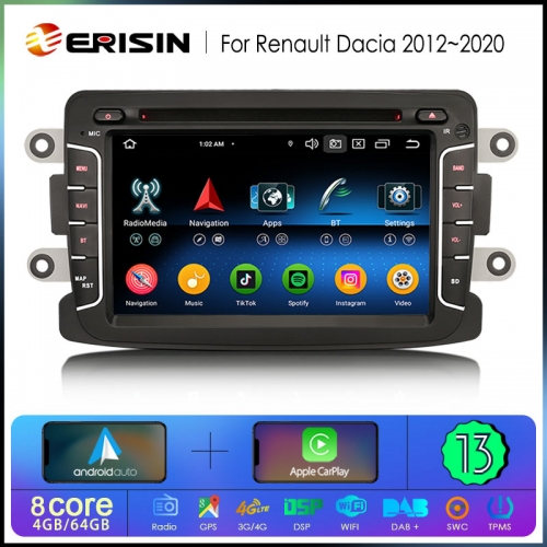 Erisin ES6729D Octa-Core 7" Android 13.0 Car Radio For Renault Dacia Duster Logan Sandero Dokker DSP CarPlay & Auto GPS TPMS DAB+ 4G SIM IPS BT5.0 CAN