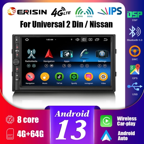 Erisin ES6736U Android 13.0 Universal 2 Din / Nissan Car Multimedia Stereo GPS Navigation CarPlay Auto Radio DSP 4G LTE BT5.0