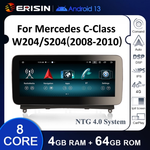 Erisin ES38C40 IPS Android 13 Car Stereo GPS For Mercedes-Benz C-Class W204 S204 2008-2010 with NTG 4.0 System Carplay Auto Radio WiFi 4G DSP System