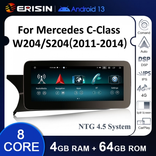 Erisin ES38C45L 10.25 IPS Android 13 Car Stereo GPS Navi For Mercedes-Benz C-Class W204 S204 NTG 4.5 System Carplay Auto Radio WiFi 4G DSP System