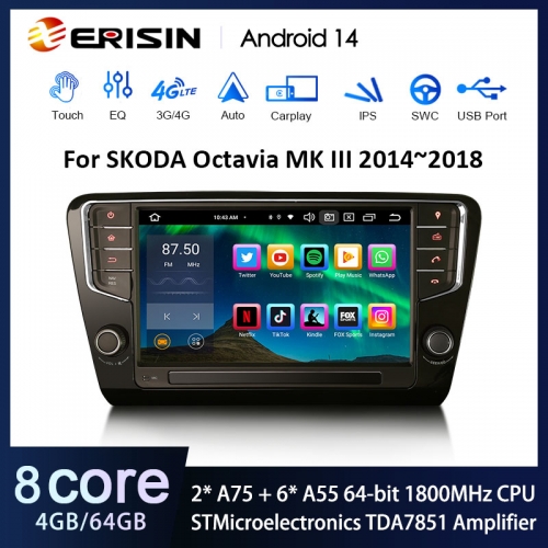 Erisin ES8527S 9" Android 14.0 Car Multimedia System For Skoda Octavia MK III Stereo GPS Carplay AUTO Radio 4G DSP IPS Screen