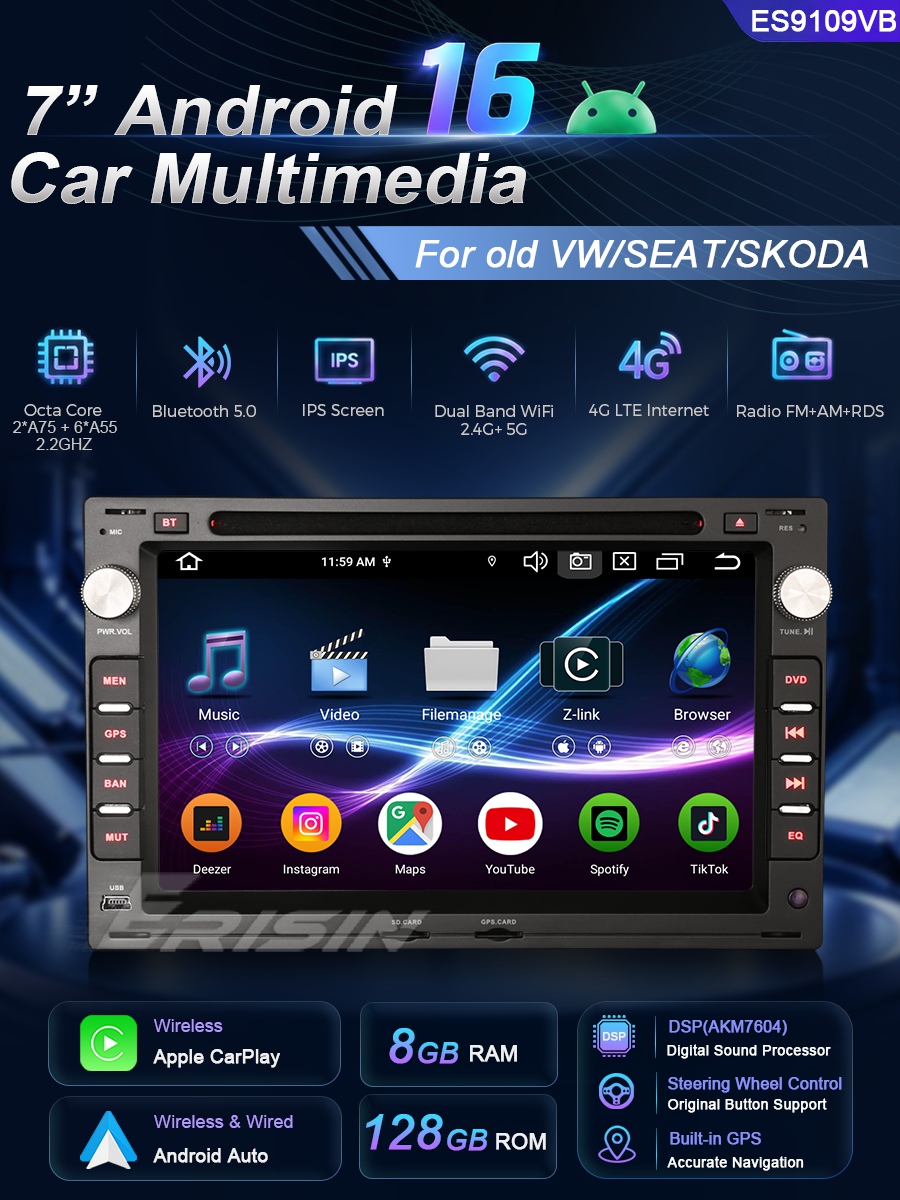 Erisin ES6505T 7" Android 16.0 Car Multimedia DVD For VW T5 Multivan 2004-2009 Stereo Radio DSP CarPlay & Auto 4G LTE Slot IPS BT5.0 GPS