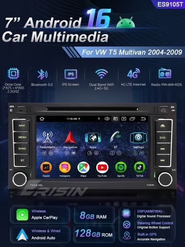Erisin ES9105T 8G+128G Android 16.0 Car Multimedia DVD For VW T5 Multivan 2004-2009 Stereo Radio DSP CarPlay & Auto 4G LTE Slot IPS BT5.0 GPS