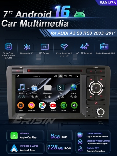 Erisin ES9127A 8G+128G Android 16.0 Car Multimedia DVD For AUDI A3 (2003-2011) S3 RS3 RNSE-PU Stereo Radio DSP CarPlay & Auto 4G LTE Slot IPS BT5.0 GP