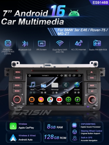Erisin ES9146B 8GB+128GB For BMW E46 M3 Rover 75 MG ZT Android 16.0 Car Stereo CarPlay & Auto Radio GPS 4G DAB+ DSP Canbus DVD