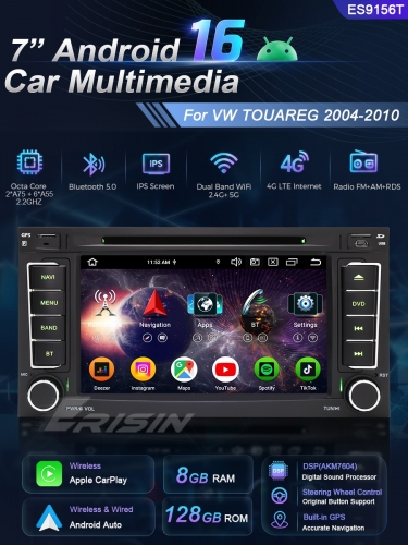 Erisin ES9156T 8G+128G Android 16.0 Car Multimedia DVD For VW TOUAREG 2004-2010 Stereo Radio DSP CarPlay & Auto 4G LTE Slot IPS BT5.0 GPS