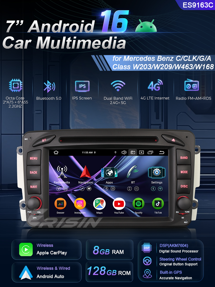 Erisin ES9163C 8GB+128GB DSP Android 16.0 Car DVD CarPlay Auto GPS 4G DAB+ for Mercedes Benz C-Class W203 S203 G-Class W463 A-Class W168 Stereo