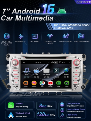 Erisin ES9168FS 8G+128G DSP Android 16.0 Car DVD CarPlay & Auto GPS TPMS DAB+ IPS for Ford Mondeo Focus Galaxy S-MAX C-MAX Stereo
