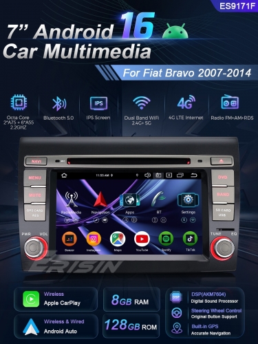 Erisin ES9171F 8G+128G DSP Android 16.0 Car DVD CarPlay & Auto GPS TPMS DAB+ Canbus IPS for Fiat Bravo 2007-2014 Stereo 4G WiFi Multimedia
