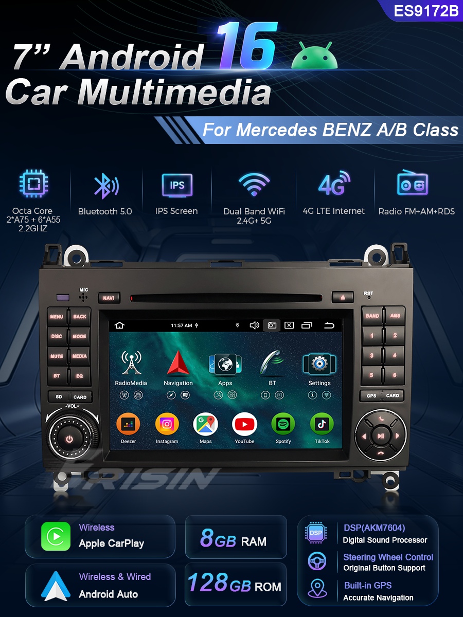 Erisin ES9172B 8GB+128GB DSP Android 16.0 Car DVD CarPlay Auto GPS for Mercedes-Benz A-Class W169 B-Class W245 Sprinter Viano Vito VW Crafter