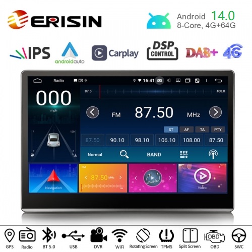 Erisin ES8700T IPS Universal 2DIN Car Audio Stereo Android 14.0 Car Radio Multimedia GPS Player For Tesla Type CarPlay