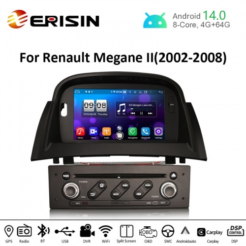 Erisin ES8772M 7" Android 14.0 Car Stereo GPS for Renault Megane II CarPlay Auto DSP DAB+ TPMS DVR RDS DVD CD Player