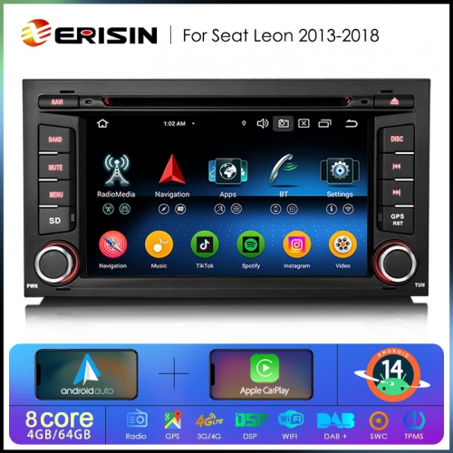Erisin ES6732S 1Din Android 14.0 Car DVD GPS For Seat Leon Stereo DSP CarPlay & Auto Radio TPMS DAB+ 4G LTE Bluetooth 5.0