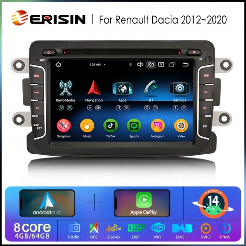 Erisin ES6729D Octa-Core 7" Android 14.0 Car Radio For Renault Dacia Duster Logan Sandero Dokker DSP CarPlay & Auto GPS TPMS DAB+ 4G SIM IPS BT5.0 CAN