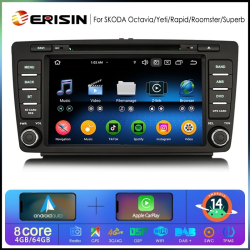 Erisin ES6726S Android 14 Car Radio for Skoda Octavia Rapid Spaceback Roomster Superb Yeti Multimedia Video Player Navigation 2Din Stereo DVD Carplay
