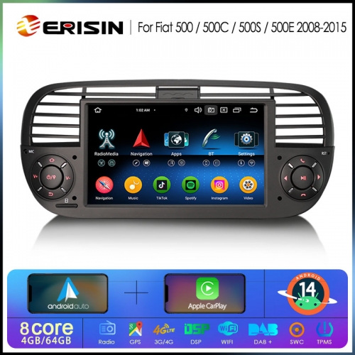Erisin ES6750FB Android 14.0 Car Stereo for Fiat 500/500C/500S 2008-2015 and 500E 2013-2015 DPS WiFi CarPlay Auto GPS 4G IPS Multimedia Player
