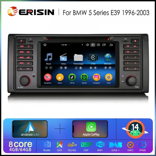 Erisin ES6739B Android 14.0 Car Stereo DVD For BMW 5er E39 M5 Wireless CarPlay Auto Radio GPS DSP IPS 4G LTE BT5.0 Multimedia