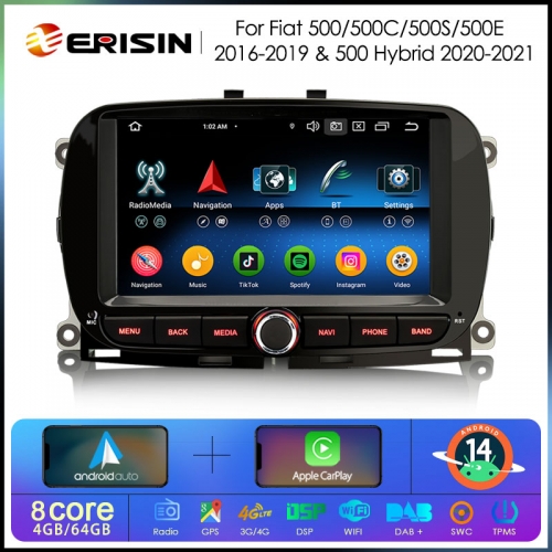 Erisin ES6751F Android 14.0 Car Stereo for Fiat 500/500C/500S/500E 2016-2019 and 500 Hybrid DPS WiFi CarPlay Auto GPS 4G IPS Multimedia Player