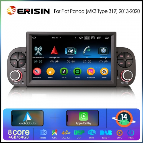 Erisin ES6758P 8-Core Android 14.0 Car Multimedia CarPlay Auto GPS For Fiat Panda (MK3 Type 319) 2013-2020 Radio Stereo DSP IPS Screen