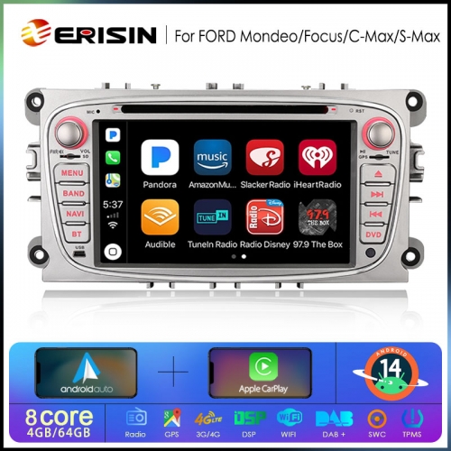 Erisin ES6768F 7" Android 14.0 Car Stereo for Ford Mondeo Focus C/S-Max Galaxy DSP CarPlay & Auto GPS TPMS DAB+ 4G DVD System