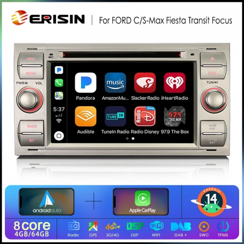 Erisin ES6766FS Android 14.0 Car Stereo For FORD C-Max S-MaxTransit Connect DVD GPS Navi CarPlay Auto Radio DSP 4G IPS Bluetooth 5.0