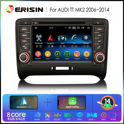 Erisin ES6777T IPS Android 14.0 Car Stereo for AUDI TT MK2 DSP CarPlay & Auto GPS BT5.0 DAB+ 4G LTE DVD System