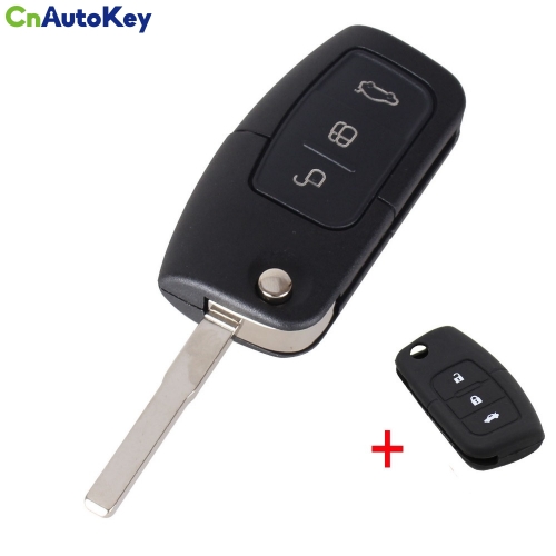 CS018012 3 Button Flip Folding Modified Car Blank Key Shell Remote Fob Cover For Ford Focus Fiesta C Max Ka + Silicone Cover