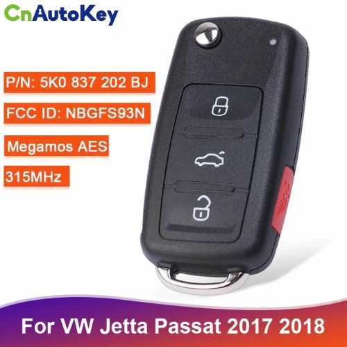 CN001135  5K0837202BJ Für VolksWagen Jetta Passat 2017 2018 MQB NBGFS93N Megamos AES Chip 315MHz Flip Remote Auto Schlüssel Fob 3 + 1 taste