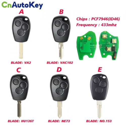 CN010005 Remote Control Key 3 Buttons 433MHz PCF7946 For Renault /Kangoo II /Clio III
