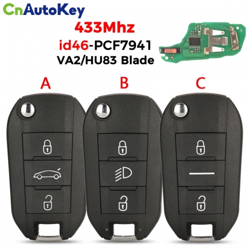 CN016047    433Mhz Remote Car Key For Peugeot 208 301 308 508 2008 5008 Hella Fit Citroen C3 C4 C4L ID46-7941 Chip HU83 VA2 Blade