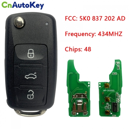 CN001052 Folding Remote Key 3 Button 434MHz With ID48 Chip 5K0 837 202 AD for Volkswagen