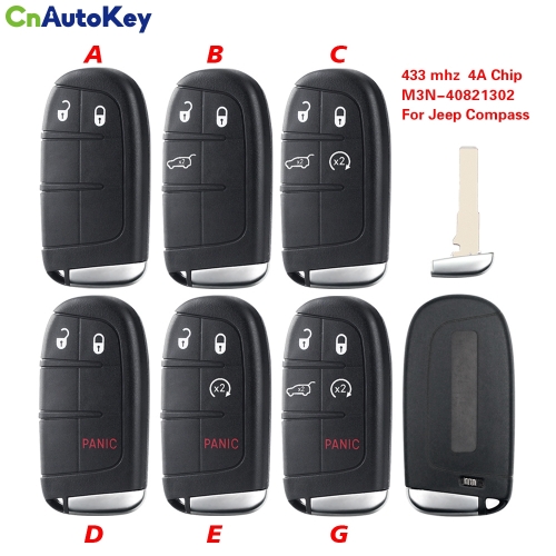 CN086038  2/3/4/5BT Smart Remote Control Key 433mhz 4A Chip Keyless Entry SIP22 Blade For Jeep Compass M3N-40821302